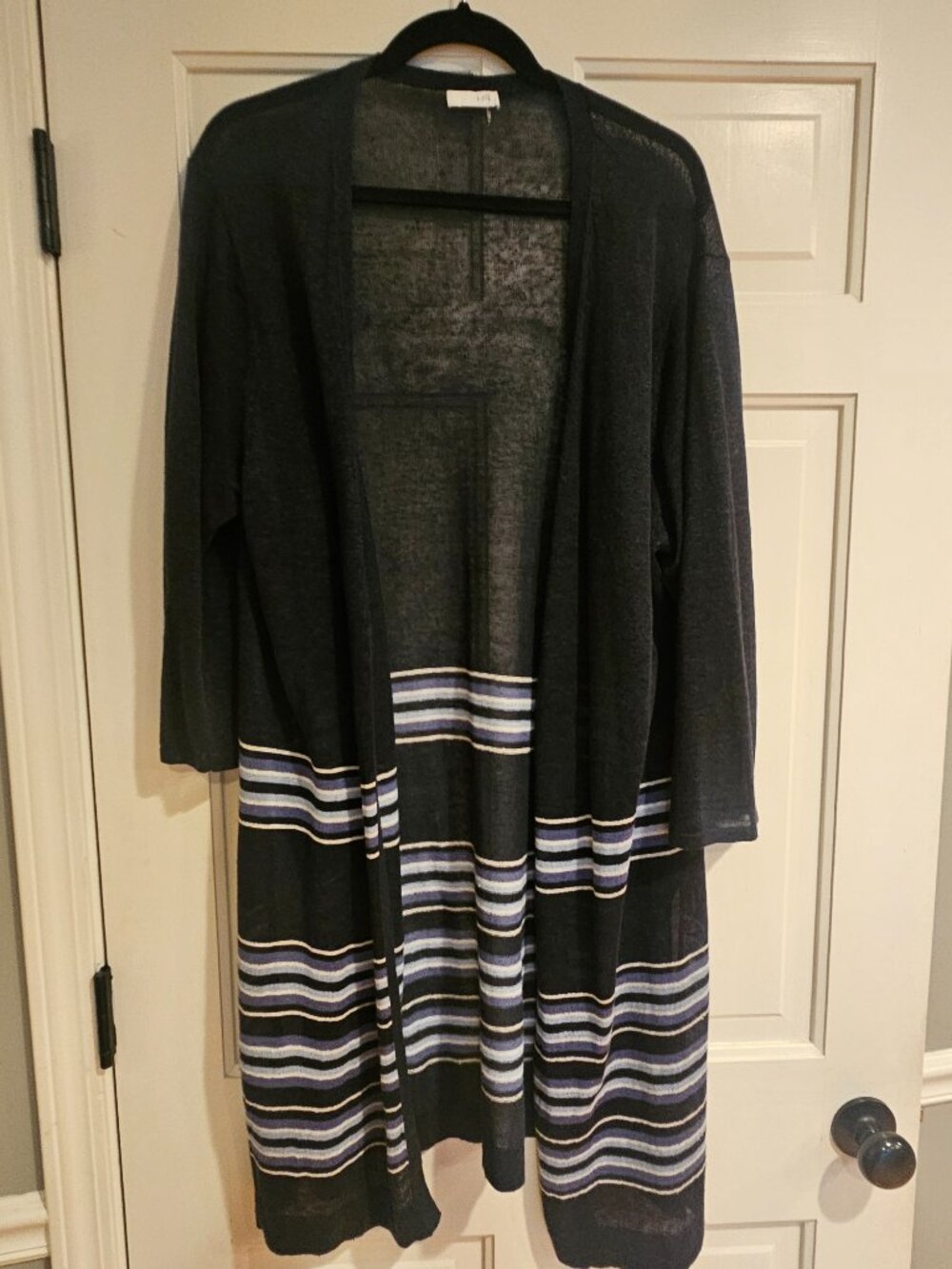 J.Jill Linen Blend Long Duster Cardigan Open Front Striped Blue 3/4 Sleeve Med